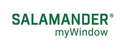 Das Logo von Salamander My Window ist grün und weiß.