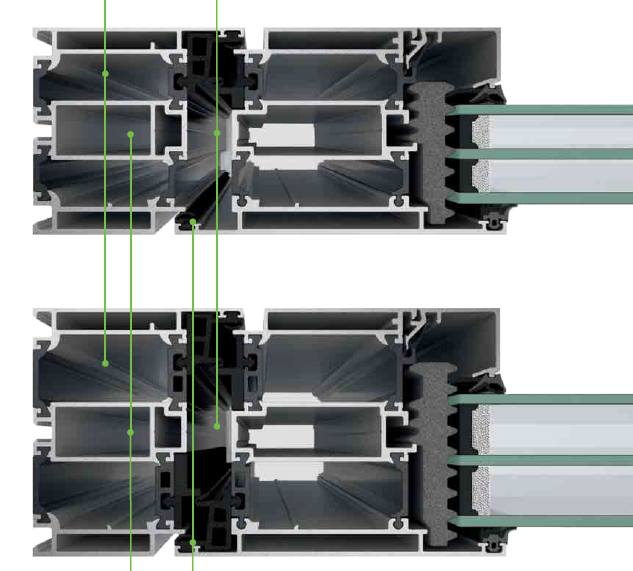 Eine Zeichnung einer Glasschiebetür mit einem grünen Pfeil, der darauf zeigt