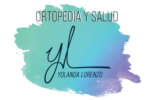 Logotipo para "Ortopedia y Salud" con fondo de acuarela y "yL Yolanda Lorenzo" en cursiva.