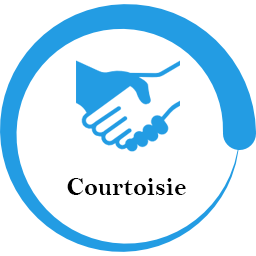 Cercle avec une bordure bleue qui s'épaissit progressivement, contenant deux mains serrées et le mot 'Courtoisie' en dessous.