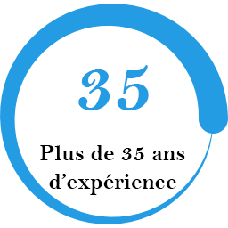 Cercle avec une bordure bleue qui s'épaissit progressivement, contenant une personne, un mégaphone et la mention 'À l'écoute des clients'.