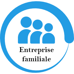 Cercle avec une bordure bleue qui s'épaissit progressivement, contenant une personne, un mégaphone et la mention trois silhouettes et le texte 'Entreprise familiale'.