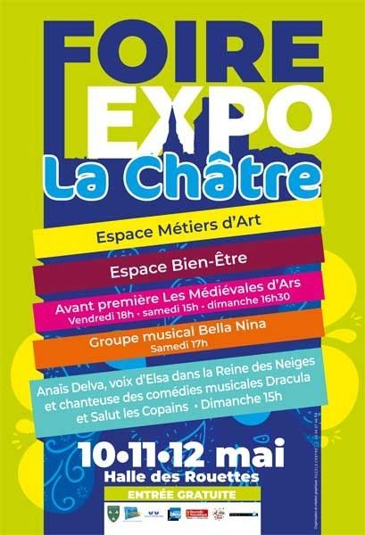 Affiche jaune et bleue pour la Foire Expo de La Châtre, 10-11-12 mai, Halles de Rouettes