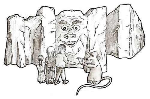 Drei Kinder und eine große Ratte stehen vor einer Steinwand. In der Wand ist ein Steingesicht zu sehen.