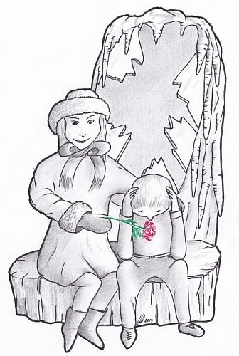 Ein Kind, das vor einem zerbrochenen Spiegel sitzt und einem anderen Kind eine Blume hinhält.