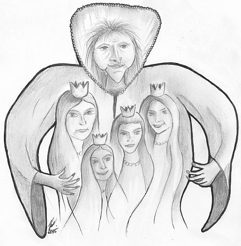 Eine Hexe, die über vier Prinzessinnen thront