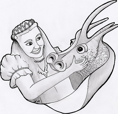 Eine Prinzessin, die einen Drachen anlächelt und seinen Kopf umarmt.