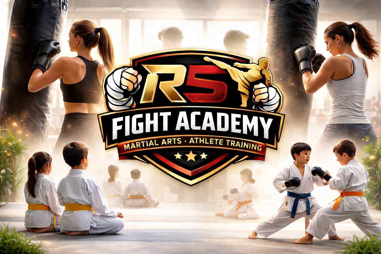 Logotipo de R5 Fight Academy con adultos y niños entrenando artes marciales, ambientado en un gimnasio.