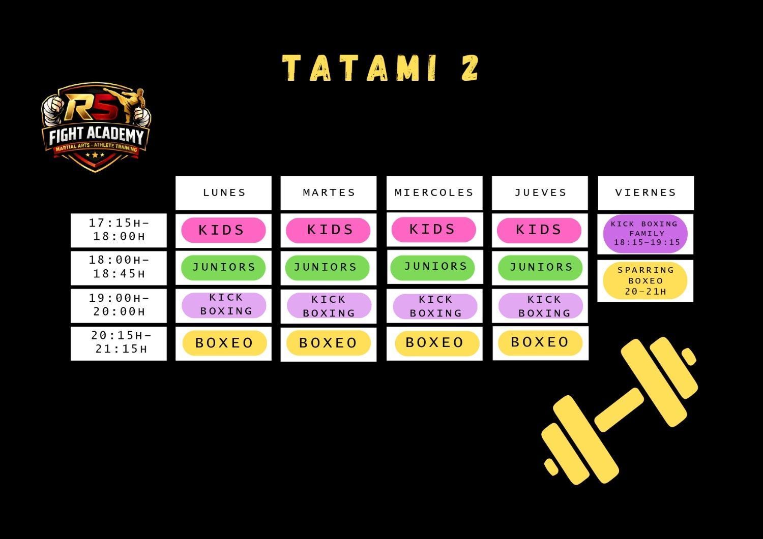 Horarios de clases de Tatami 2: niños, kickboxing, boxeo y yoga, con franjas horarias de colores.