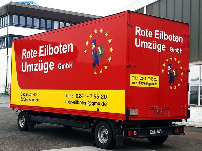 A red and yellow rote eilboten umzüge gmbh truck