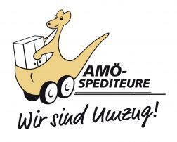 Das Logo von Amo-Spediteur zeigt ein Känguru, das eine Kiste trägt.