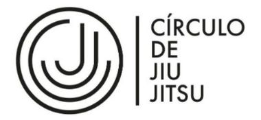 Logotipo para C&iacute;rculo de Jiu Jitsu con icono circular negro de Jiu Jitsu y texto sobre fondo blanco