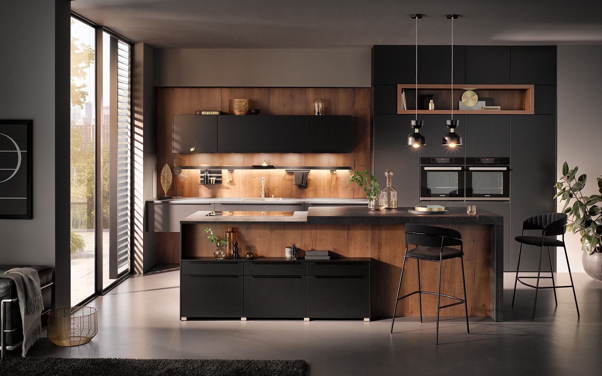 Ausstellung einer Küche in Holzoptik  von Hamon Küchenstudio