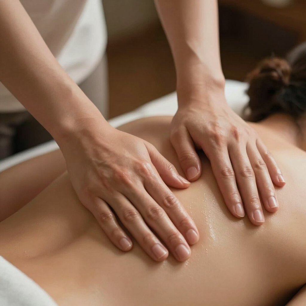 Manos masajeando la espalda desnuda de una persona durante un tratamiento de spa.