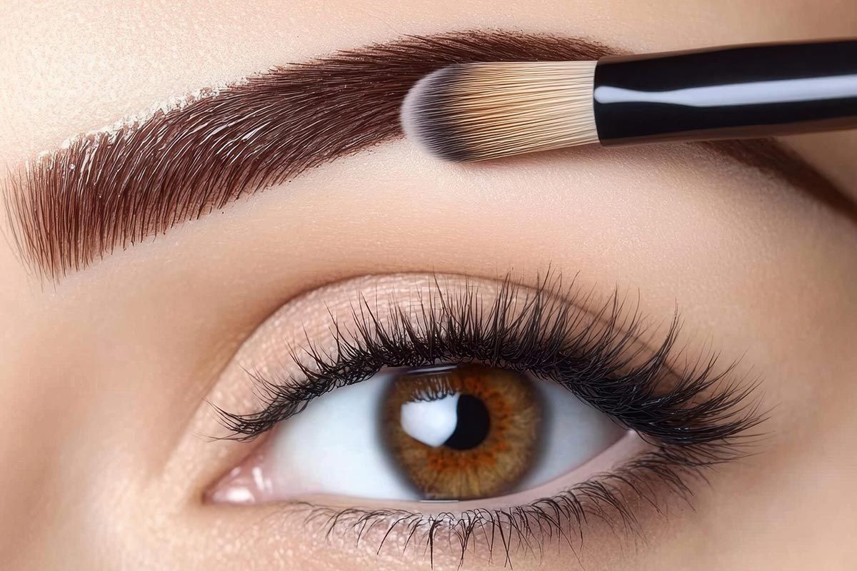 Primer plano de un ojo con una brocha de maquillaje aplicando color marrón para cejas.