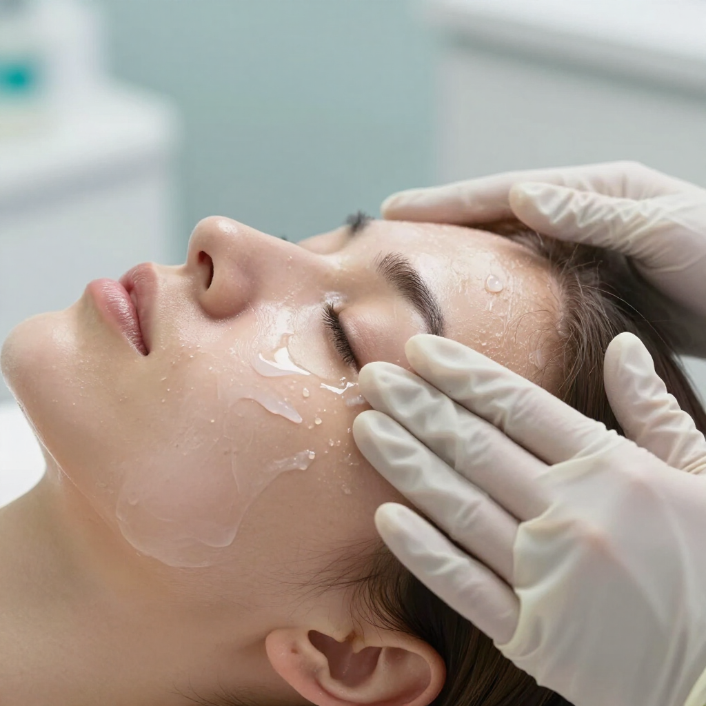 Unas manos enguantadas aplican crema facial a una persona que está tumbada con los ojos cerrados.