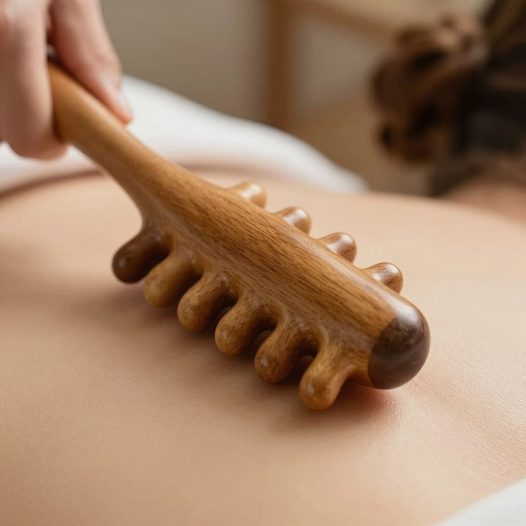Herramienta de masaje de madera deslizándose sobre la piel desnuda de la espalda de una persona durante un masaje.