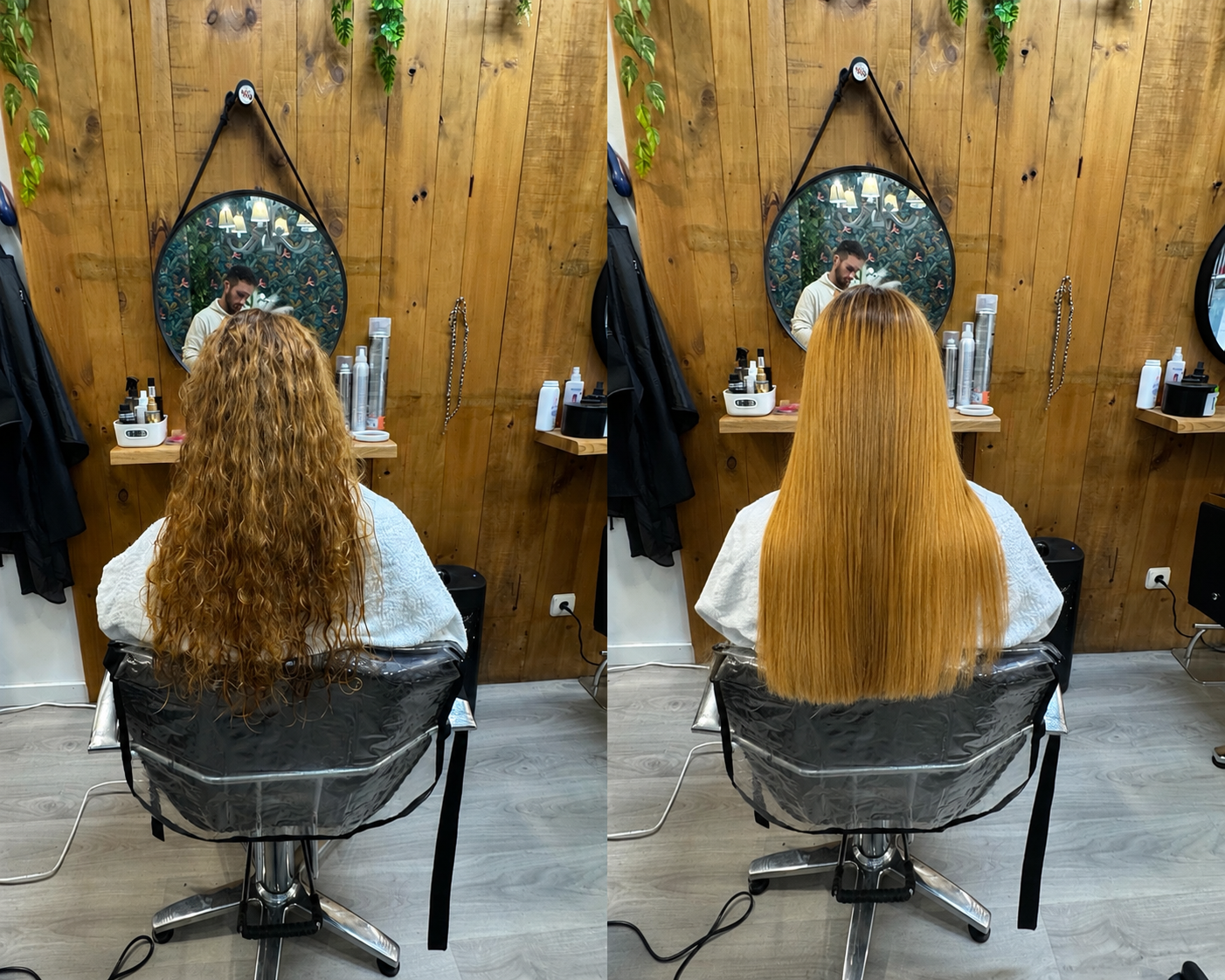 Vista trasera de una persona con cabello largo, liso y negro sentada en una silla de peluquería.