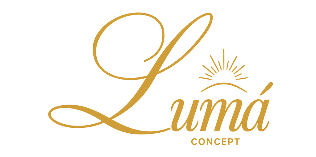 Logotipo dorado “Lumá Concept” con tipografía elegante y detalle de rayos de sol.