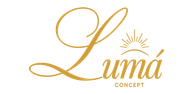 Logotipo dorado “Lumá Concept” con tipografía elegante y detalle de rayos de sol.