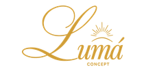 Logotipo dorado “Lumá Concept” con tipografía elegante y detalle de rayos de sol.