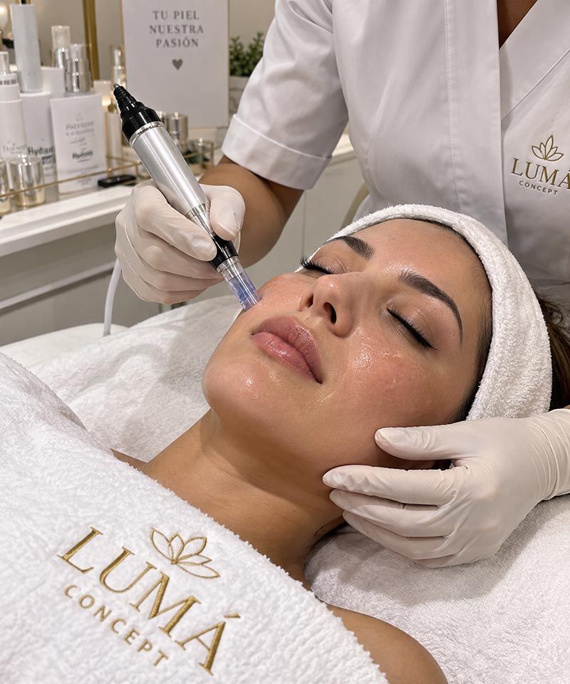 Tratamiento de spa en curso: unas manos enguantadas utilizan un aparato facial sobre una mujer tumbada en una camilla de tratamiento.