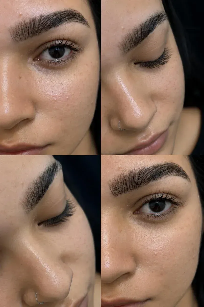 Primer plano de un ojo antes y después de dar forma a las cejas, etiquetado como “ANTES” y “DESPUÉS”.