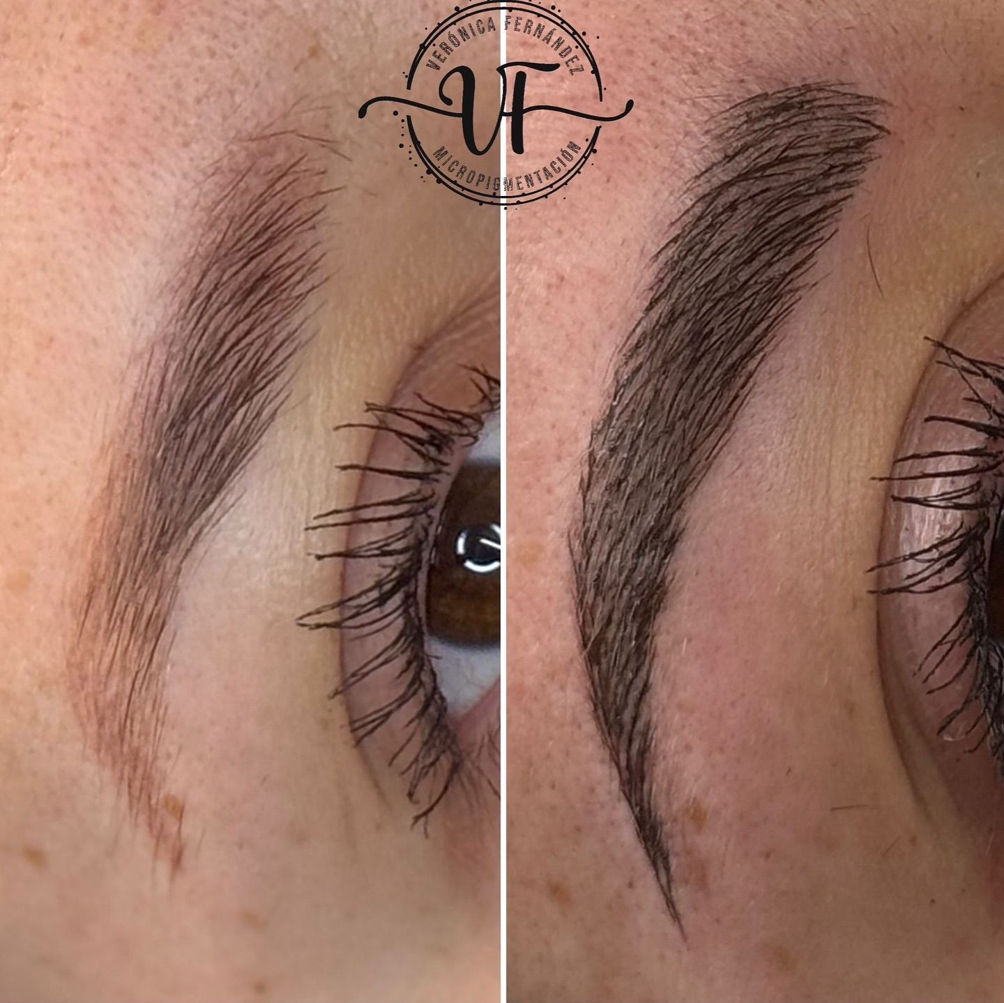 Antes y después del maquillaje semipermanente de cejas. Una ceja es clara, la otra es oscura y está rellena.