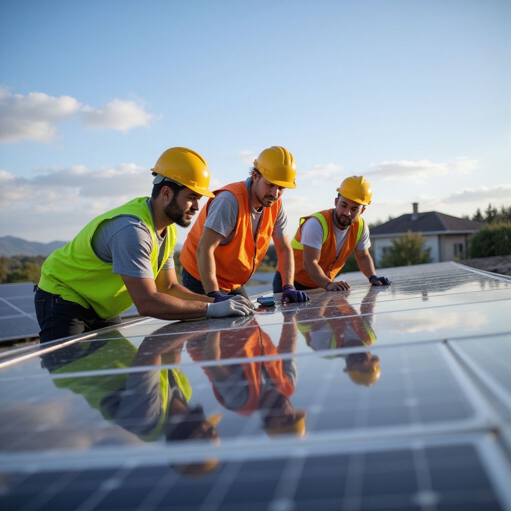 Tres trabajadores de la construcción con chalecos de seguridad y cascos instalan paneles solares en un tejado.