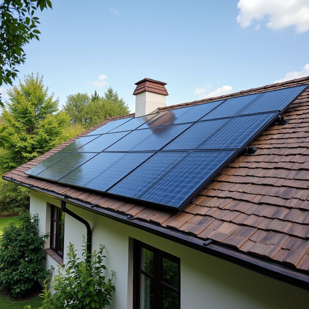 Paneles solares instalados en el tejado de una vivienda. Los paneles azules contrastan con las tejas marrones y un cielo azul despejado.