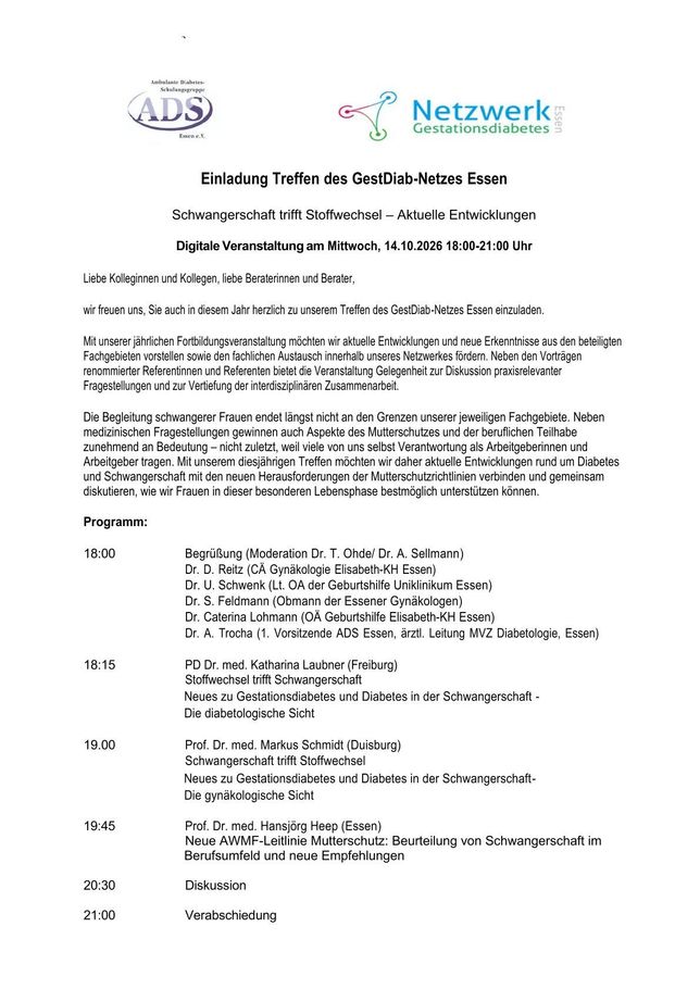 Flyer mit UAD- und Netzwerk-Logos, grünen Akzenten und einem Zeitplan mit vielen Textdetails zu den Veranstaltungen.