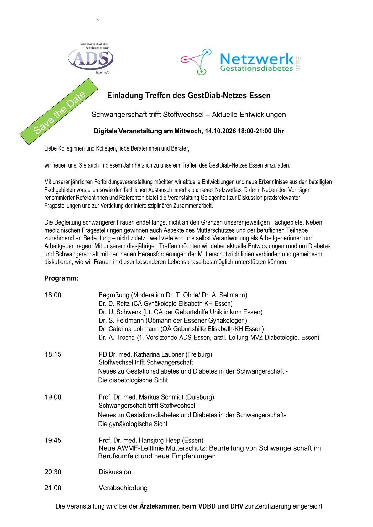 Flyer mit UAD- und Netzwerk-Logos, grünen Akzenten und einem Zeitplan mit vielen Textdetails zu den Veranstaltungen.