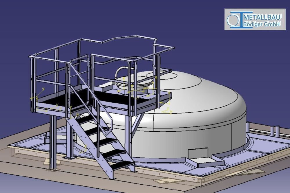 Eine Zeichnung einer kreisförmigen Struktur mit Treppen und einem Metallgeländer