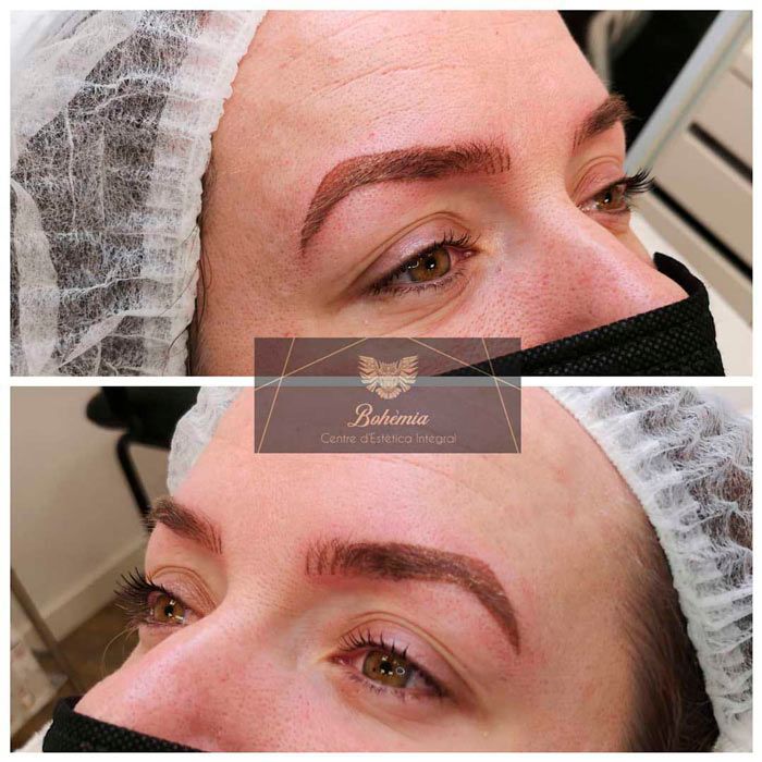 Una foto de antes y después de las cejas de una mujer.