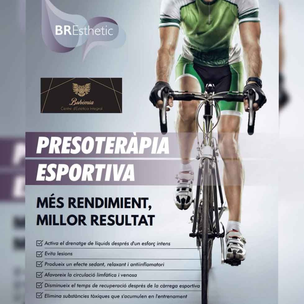 Un hombre va en bicicleta en un cartel que dice presoterapia deportiva.