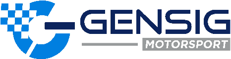 Logo von GENSIG MOTORSPORT mit einem blauen „G“ und einem karierten Flaggenelement.