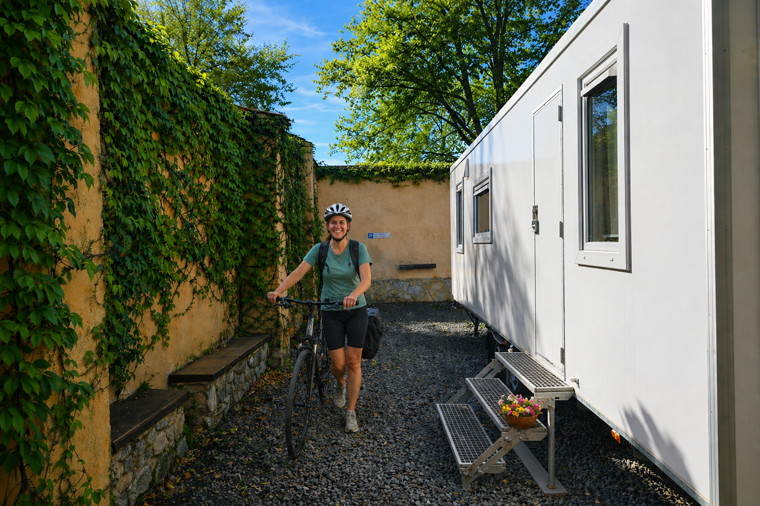 Radreisende am Spreeradweg beim Weinschlafwagen