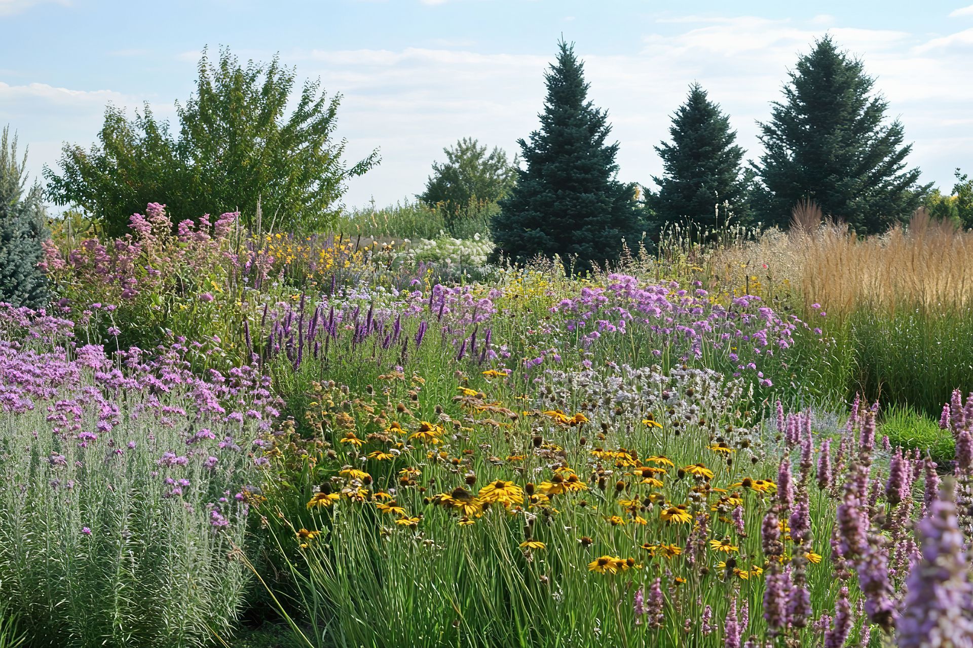 Prairie fleurie avec lavandes et autres fleurs