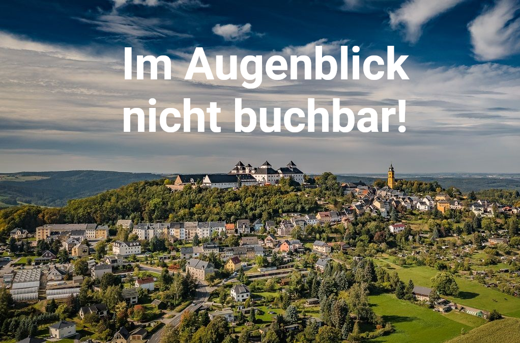 Stadtbild mit einer Burg auf einem Hügel, umgeben von Bäumen und Wohnhäusern unter einem bewölkten Himmel.