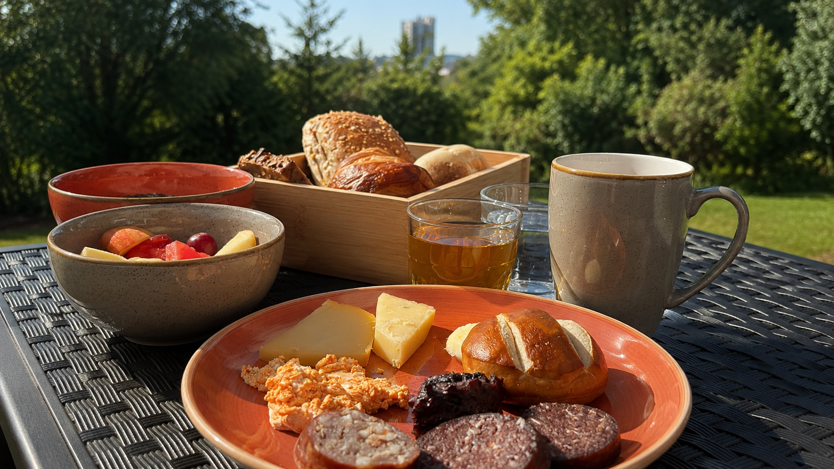 Ein Frühstücksbuffet im Freien mit Obstschale, Brot, Gebäck, Kaffeetasse und einem Teller mit Essen auf einem Terrassentisch.