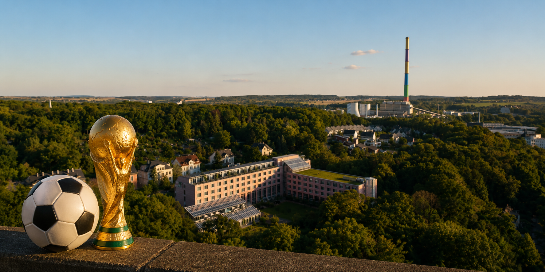 Ein Fußball und der Weltmeisterschaftspokal vor der Skyline einer Stadt bei Sonnenuntergang.
