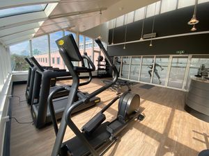 Modernes Fitnessstudio mit schwarzen Cardiogeräten auf einer sonnendurchfluteten Innenterrasse, Glaswänden und Blick auf die Stadt.