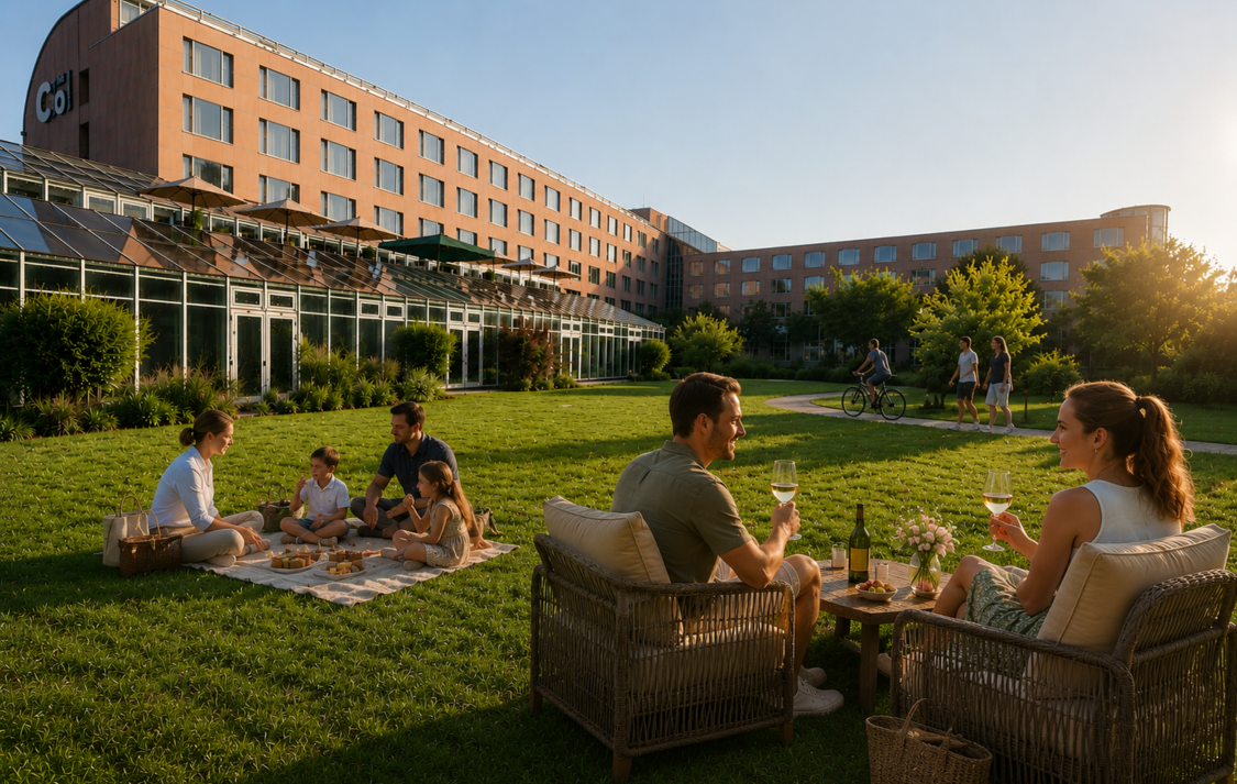 Werbeplakat mit „Unsere Preise machen Sommerpause“ vor einem Hotel mit Menschen im Garten
