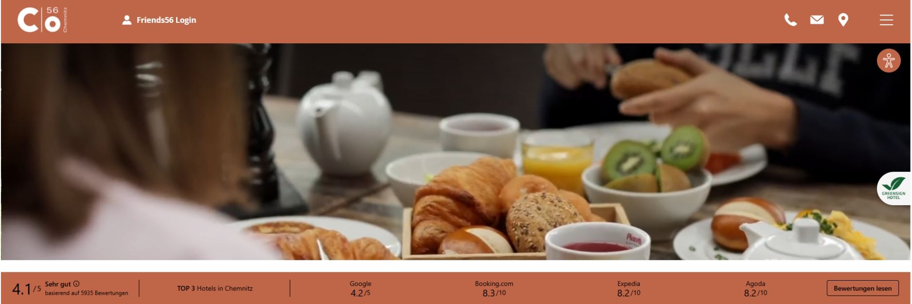 Webseitenausschnitt der Hotelweseite vom c/o56 Chemnitz.