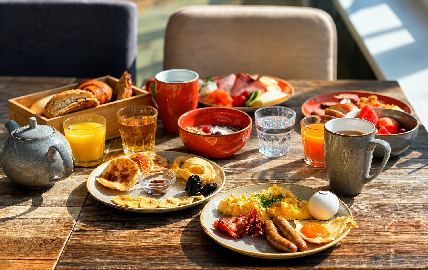 Ein rustikaler Tisch mit reichhaltigem Frühstück, Kaffee, Saft, Gebäck, Eiern, Obst und Schüsseln mit Speisen.