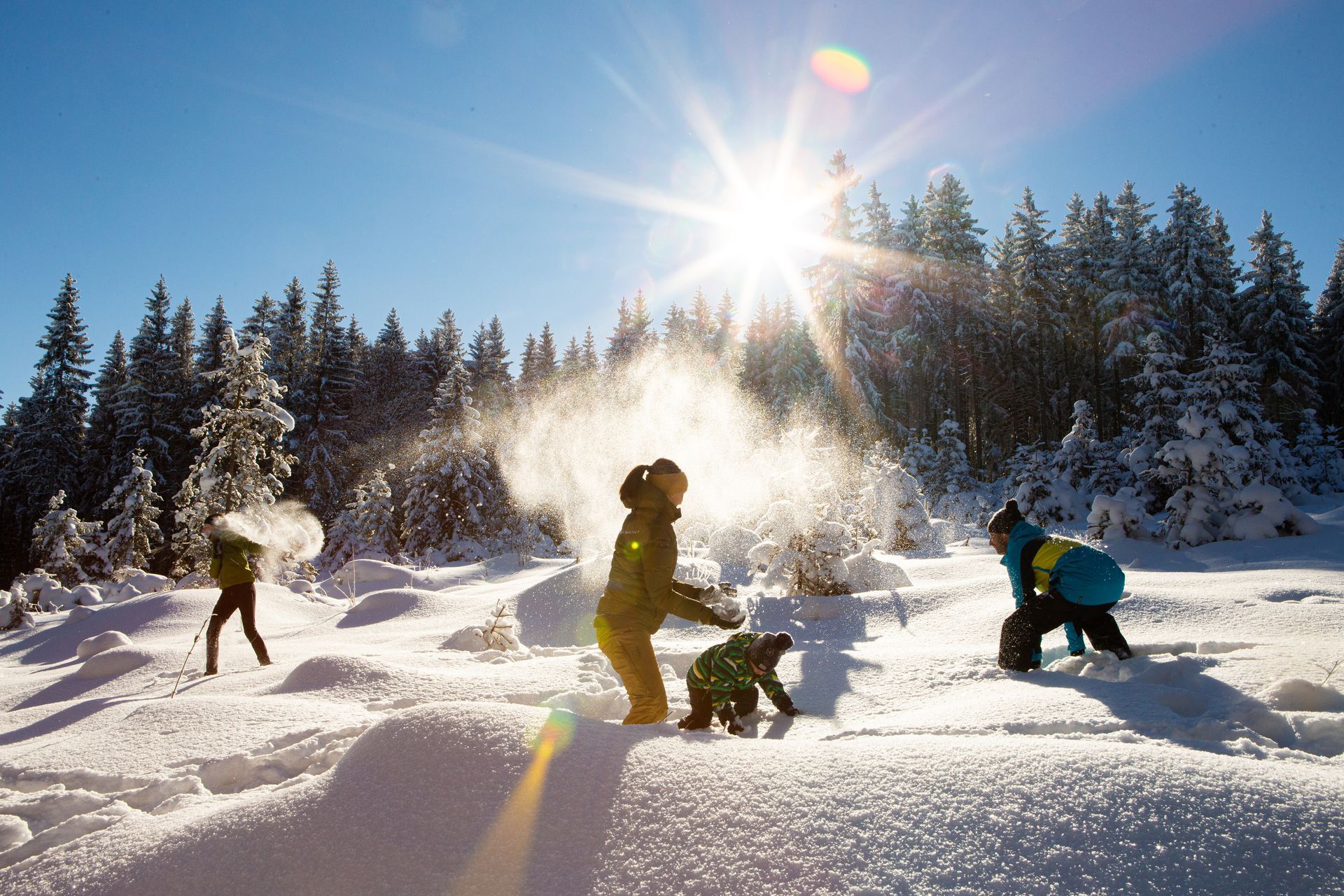 Kinder spielen an einem hellen, sonnigen Tag eine Schneeballschlacht in einem verschneiten Wald.
