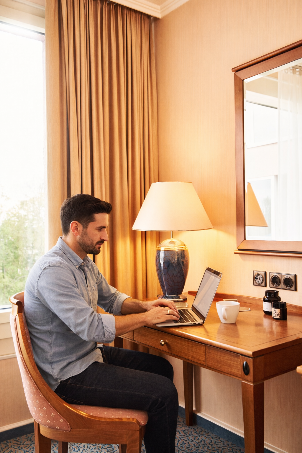 Ein Mann sitzt an einem Schreibtisch und benutzt einen Laptop. Er befindet sich in einem Hotelzimmer mit Lampe, Spiegel und Fenster.