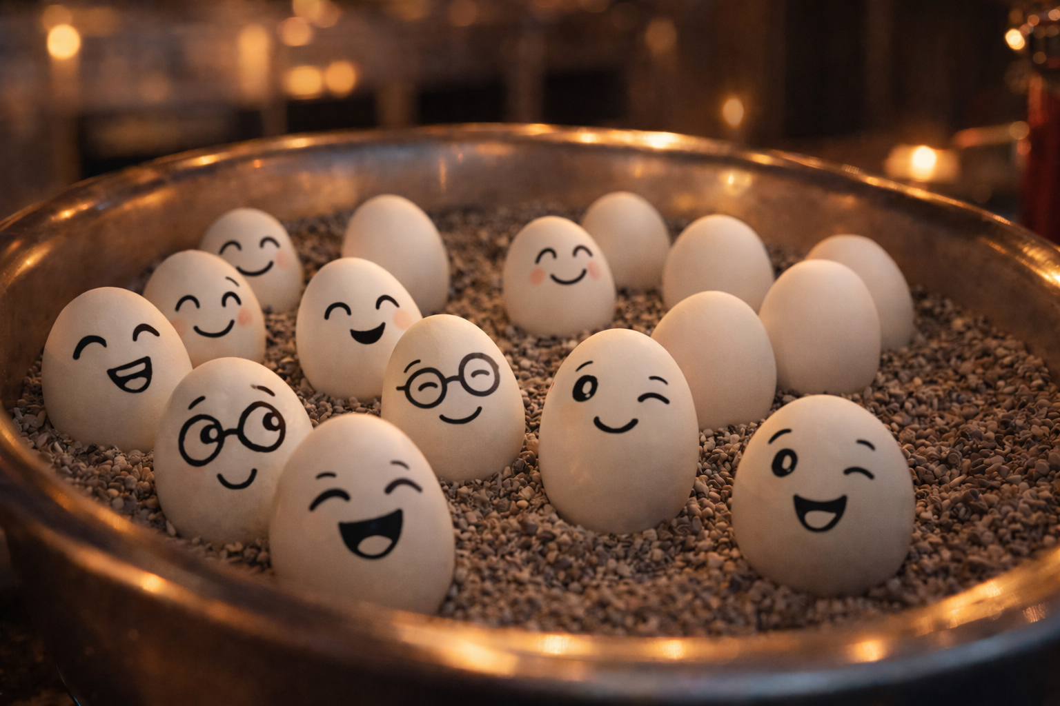 Eier mit verschiedenen handgezeichneten Gesichtern ruhen in einer Metallschüssel, die mit grauen Kieselsteinen gefüllt ist.