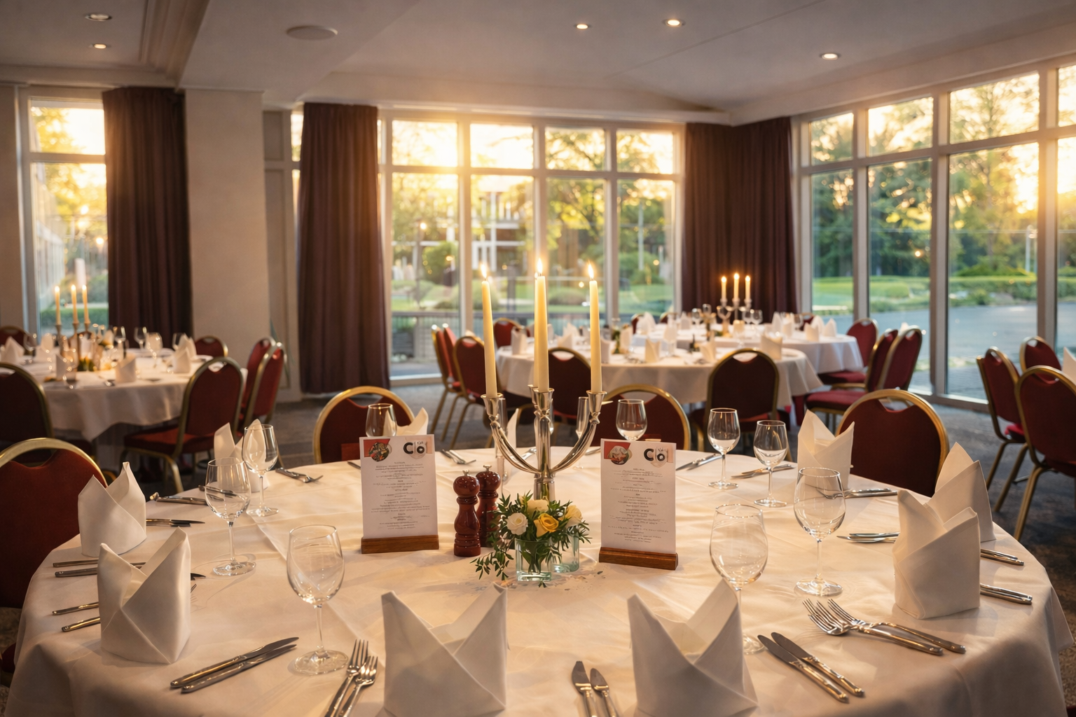 Elegant gedeckter Speisesaal für ein Bankett. Runde Tische mit Tischwäsche, Besteck und Kerzen an großen Fenstern.