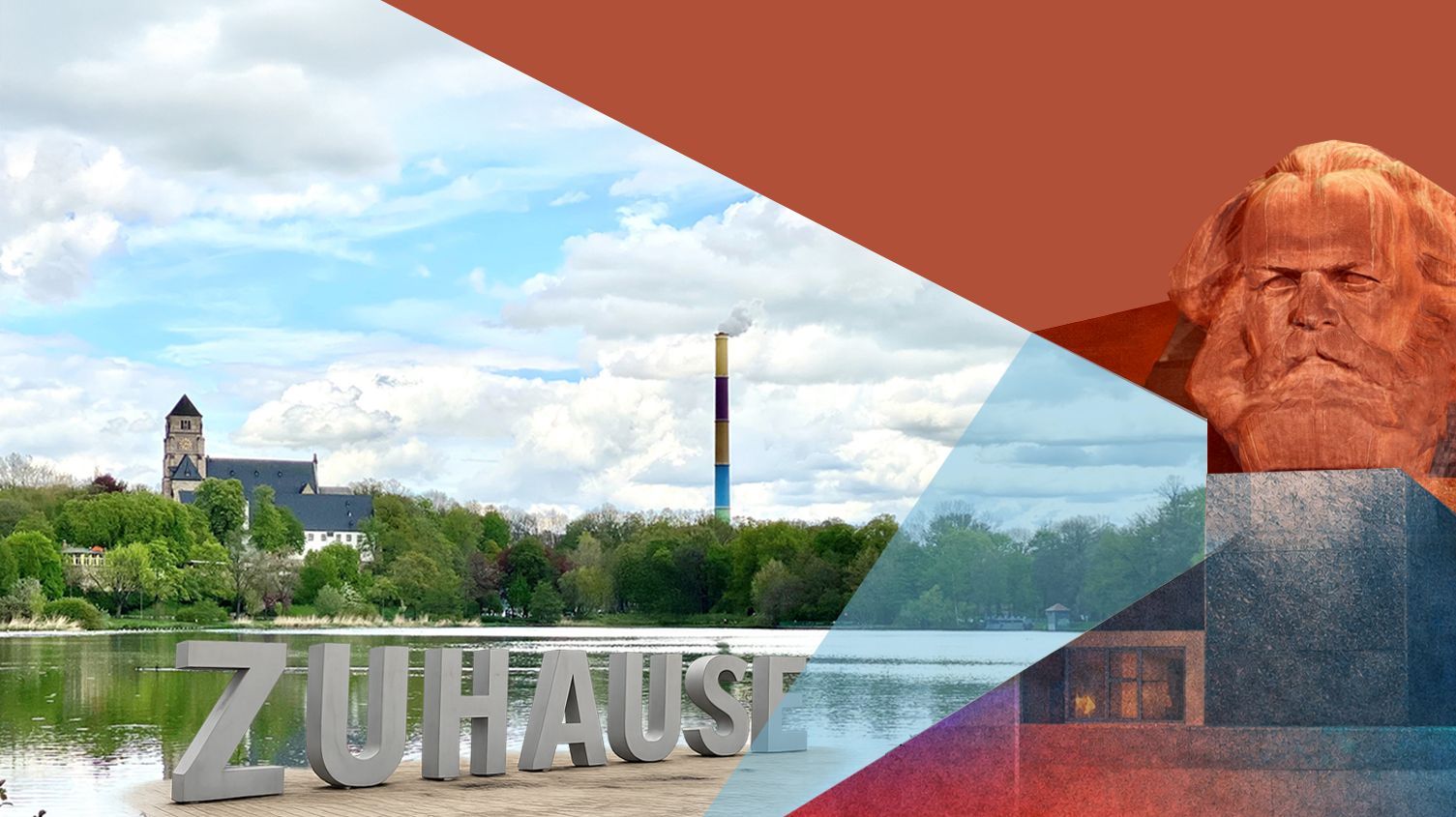 Schild mit der Aufschrift „Zuhause“ am Ufer mit Skyline und einer großen Bronzebüste, die unter rote